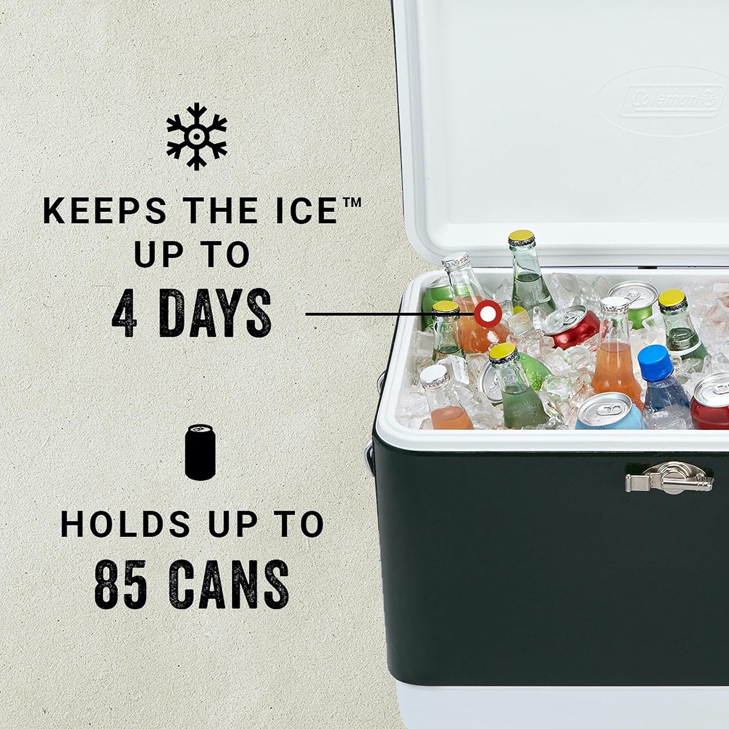 Coleman Vintage 54qt Steel Belted Cooler, Keeps Ice Up to 4 Days, 85-Can Capacity Hard Cooler with Drain & Have-A-Seat Lid - Image 6