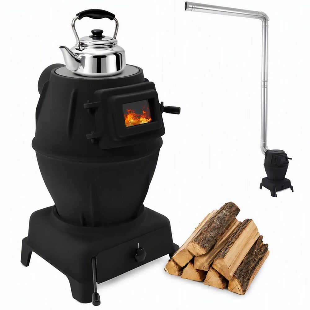 Indoor Wood-Burning Heating Stove,Thickened Cast Iron Rural Heating Stove W/Chimney,Fits Any Pot with 3 Opening Sizes,Heating and Cooking Stove Smokeless Cooker for Indoor & Outdoor Grilling (L)