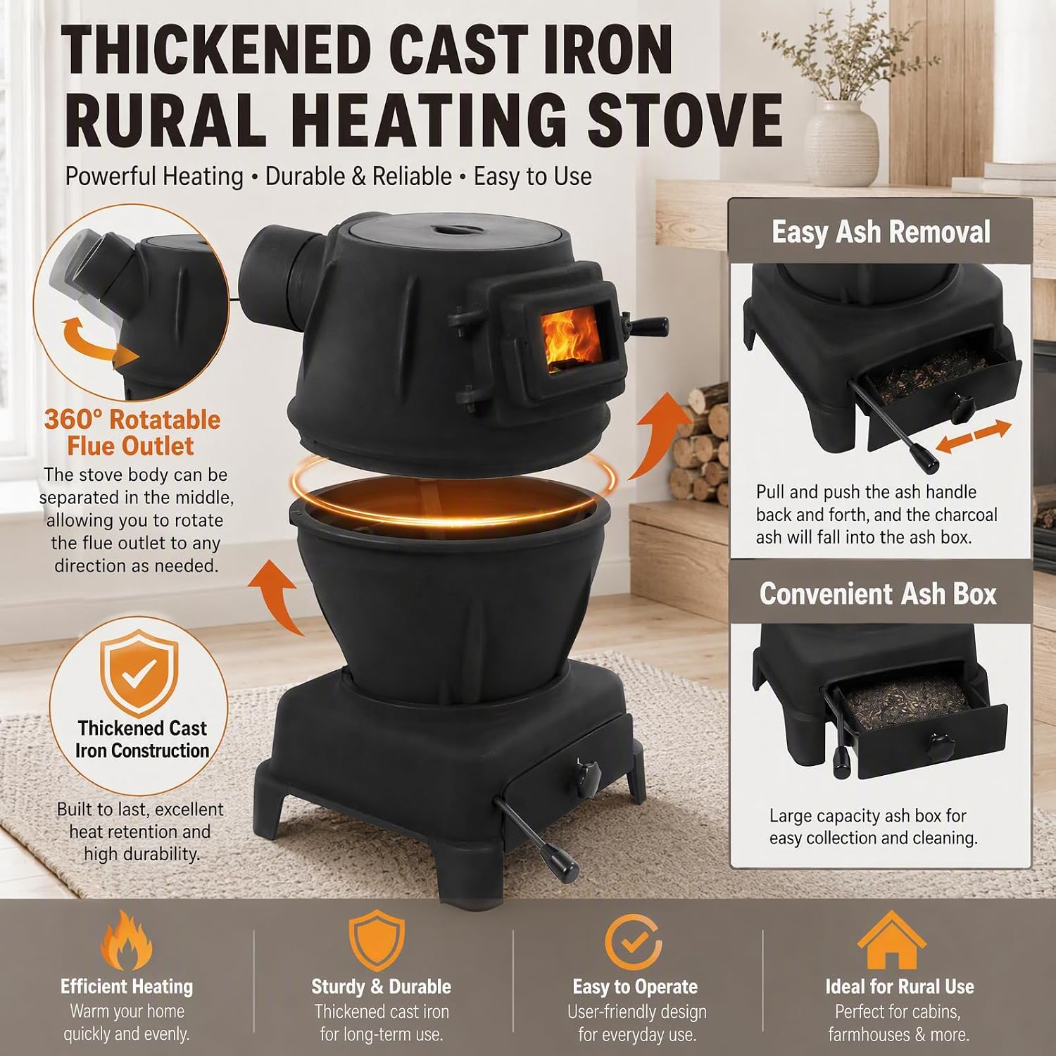 Indoor Wood-Burning Heating Stove,Thickened Cast Iron Rural Heating Stove W/Chimney,Fits Any Pot with 3 Opening Sizes,Heating and Cooking Stove Smokeless Cooker for Indoor & Outdoor Grilling (L) - Image 4