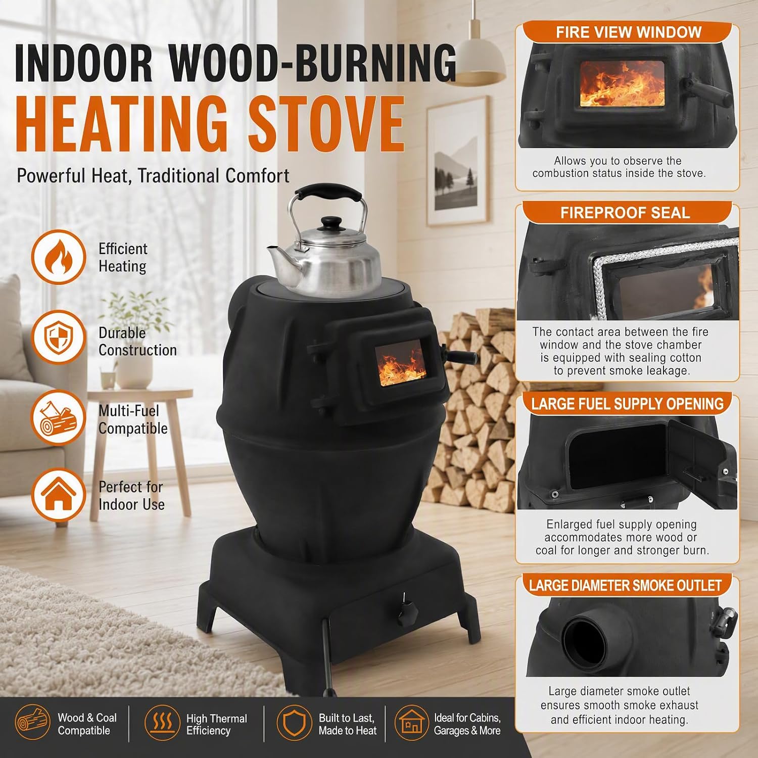 Indoor Wood-Burning Heating Stove,Thickened Cast Iron Rural Heating Stove W/Chimney,Fits Any Pot with 3 Opening Sizes,Heating and Cooking Stove Smokeless Cooker for Indoor & Outdoor Grilling (L) - Image 5