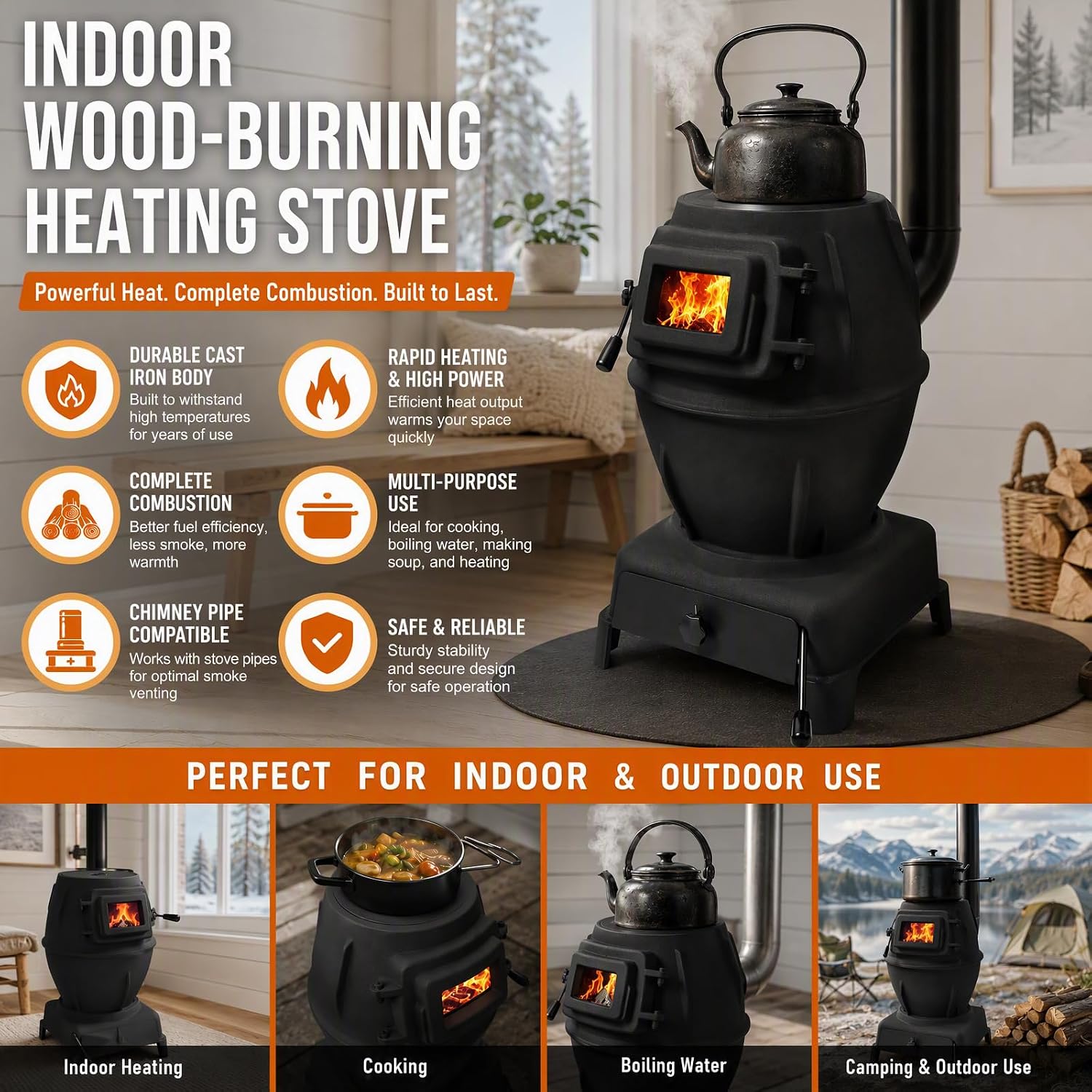 Indoor Wood-Burning Heating Stove,Thickened Cast Iron Rural Heating Stove W/Chimney,Fits Any Pot with 3 Opening Sizes,Heating and Cooking Stove Smokeless Cooker for Indoor & Outdoor Grilling (L) - Image 6