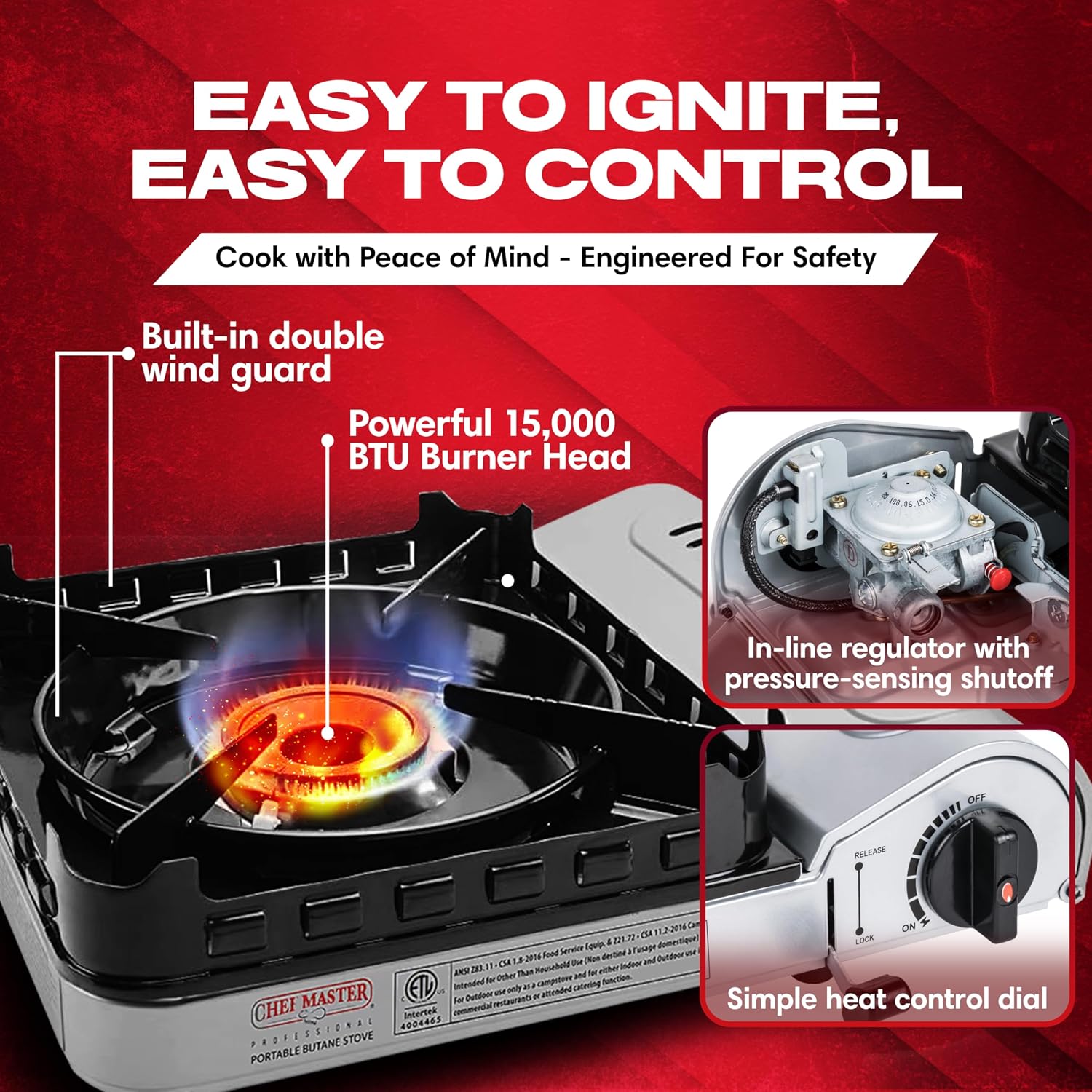 Chef Master Portable Butane Camping Stove, Backpacking Burner, 15,000 BTU | Double Wind Guard, Piezo Ignition, Canister Safety Lock, Pressure Shut-Off, Hard Carry Case, Tailgating, Emergency, 90019 - Image 3