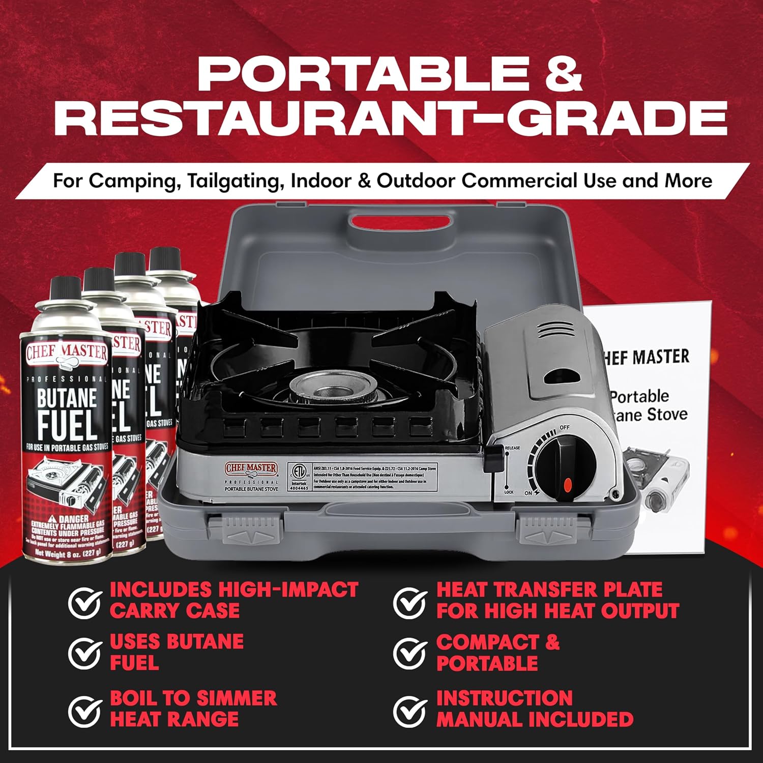 Chef Master Portable Butane Camping Stove, Backpacking Burner, 15,000 BTU | Double Wind Guard, Piezo Ignition, Canister Safety Lock, Pressure Shut-Off, Hard Carry Case, Tailgating, Emergency, 90019 - Image 4