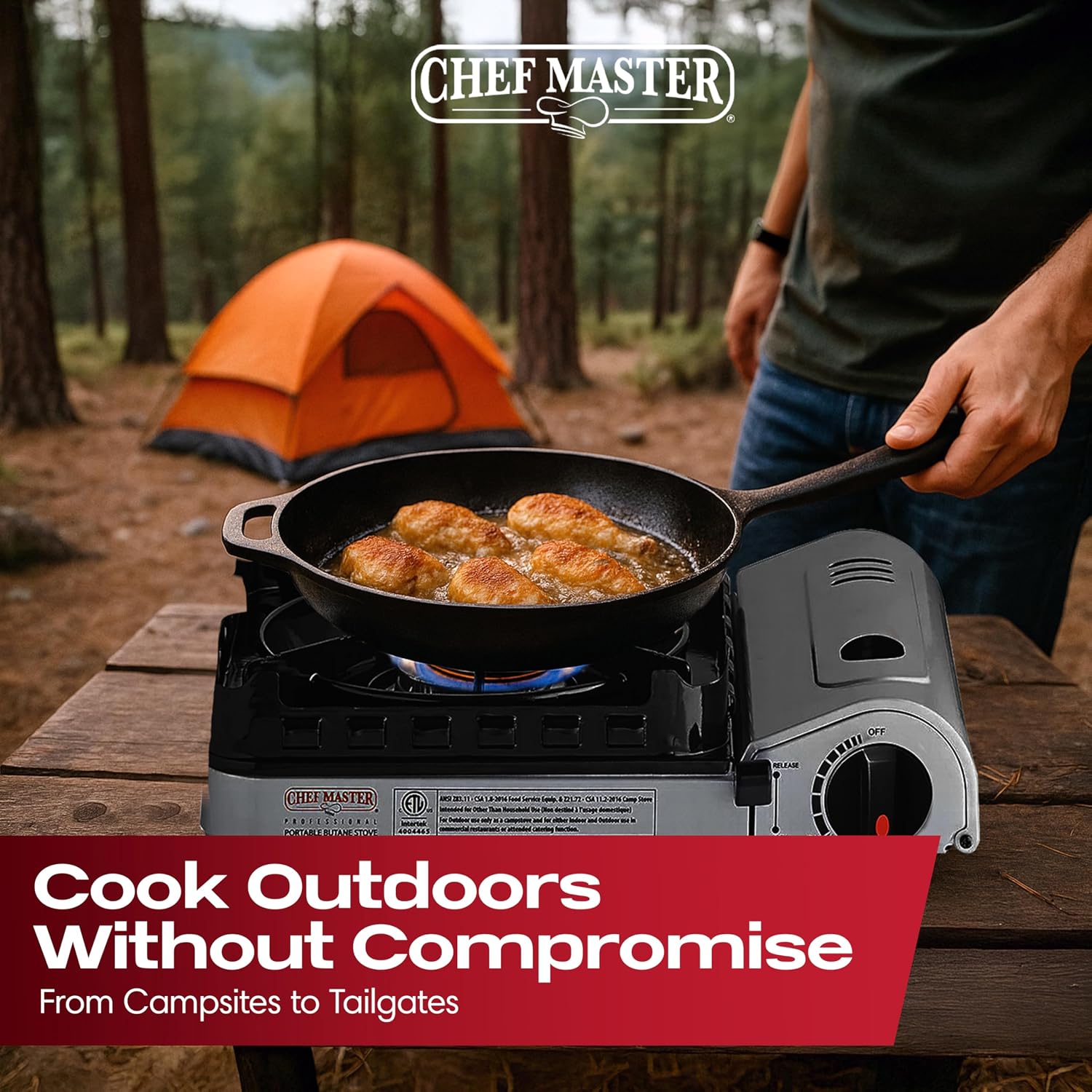 Chef Master Portable Butane Camping Stove, Backpacking Burner, 15,000 BTU | Double Wind Guard, Piezo Ignition, Canister Safety Lock, Pressure Shut-Off, Hard Carry Case, Tailgating, Emergency, 90019 - Image 7