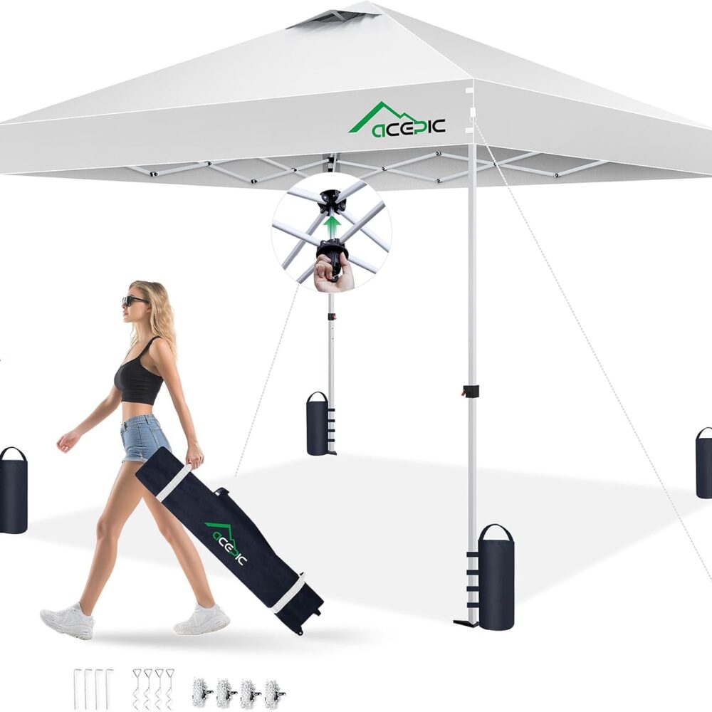 Acepic 10x10 Pop Up Canopy Tent, Easy Setup Portable Shelter, White, 10*10 | 1-Push Center Lock 10x10 Pop Up Canopy Tent with 3-Layer Reinforced Fabric, Vented UV Top & Wheeled Bag for Outdoor Party