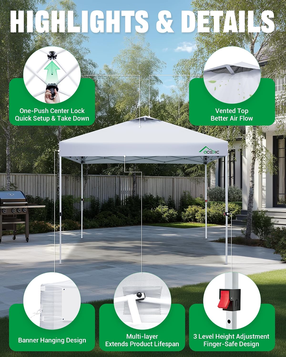 Acepic 10x10 Pop Up Canopy Tent, Easy Setup Portable Shelter, White, 10*10 | 1-Push Center Lock 10x10 Pop Up Canopy Tent with 3-Layer Reinforced Fabric, Vented UV Top & Wheeled Bag for Outdoor Party - Image 2