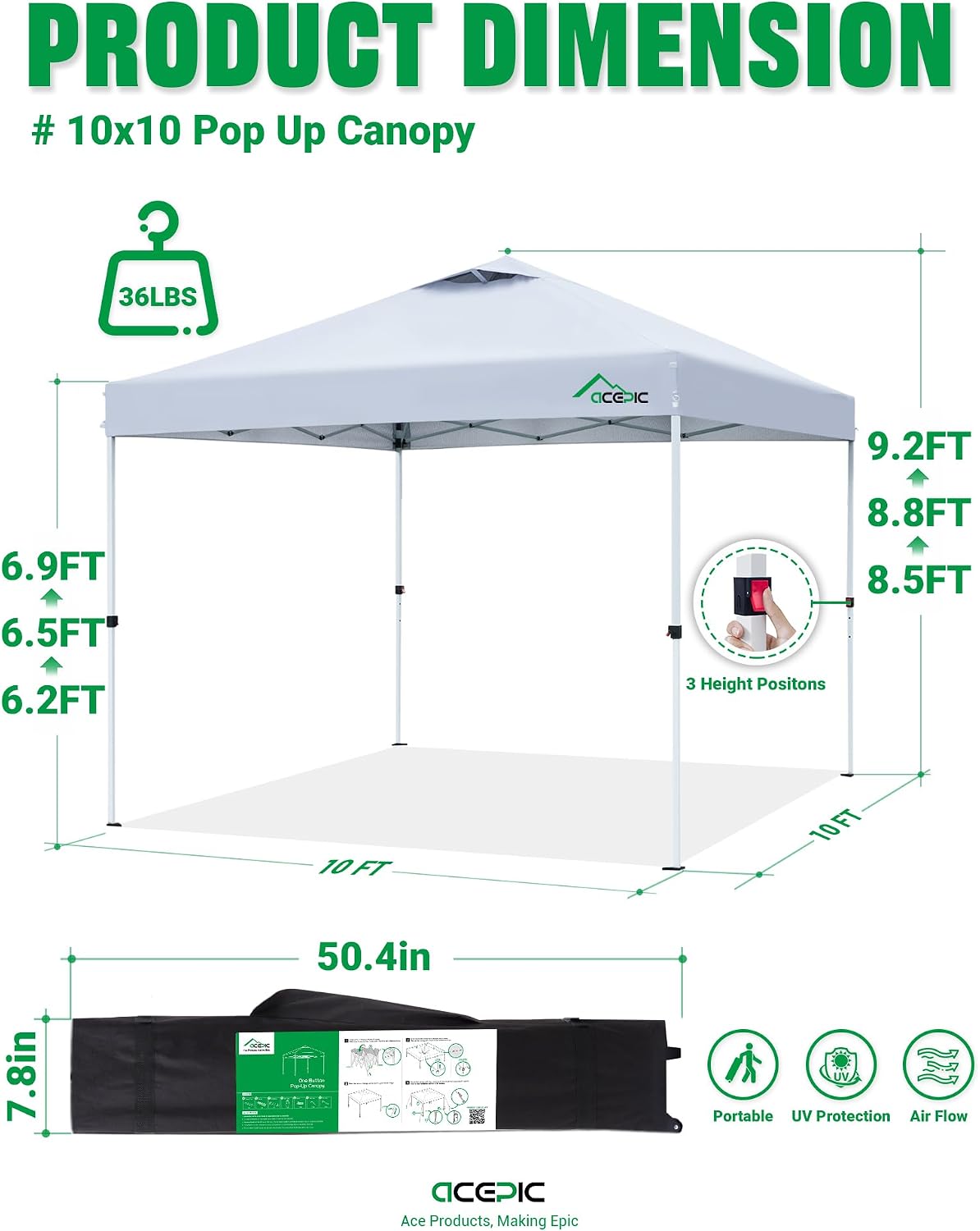 Acepic 10x10 Pop Up Canopy Tent, Easy Setup Portable Shelter, White, 10*10 | 1-Push Center Lock 10x10 Pop Up Canopy Tent with 3-Layer Reinforced Fabric, Vented UV Top & Wheeled Bag for Outdoor Party - Image 3