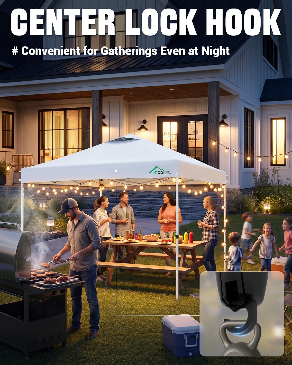 Acepic 10x10 Pop Up Canopy Tent, Easy Setup Portable Shelter, White, 10*10 | 1-Push Center Lock 10x10 Pop Up Canopy Tent with 3-Layer Reinforced Fabric, Vented UV Top & Wheeled Bag for Outdoor Party - Image 5