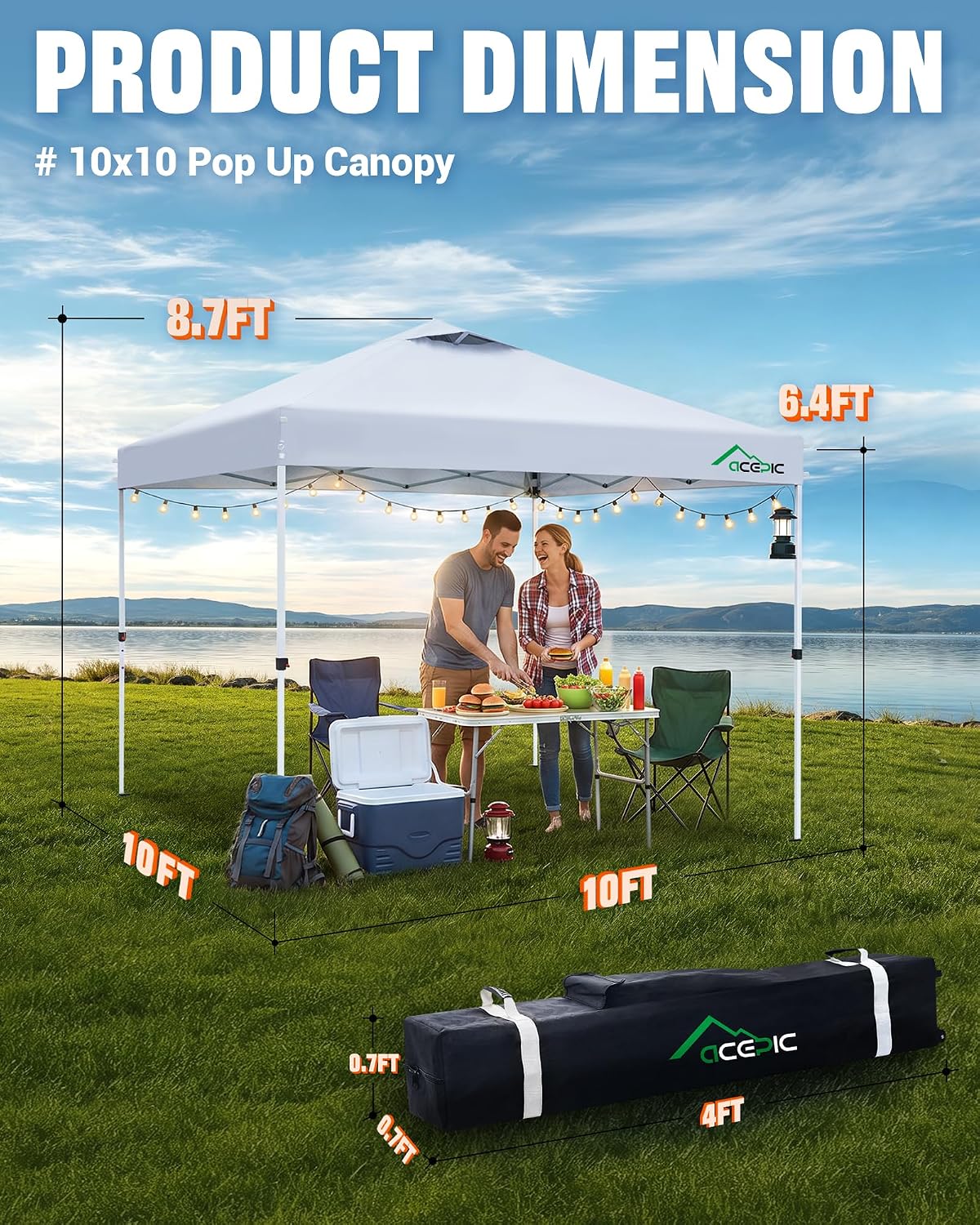 Acepic 10x10 Pop Up Canopy Tent, Easy Setup Portable Shelter, White, 10*10 | 1-Push Center Lock 10x10 Pop Up Canopy Tent with 3-Layer Reinforced Fabric, Vented UV Top & Wheeled Bag for Outdoor Party - Image 8
