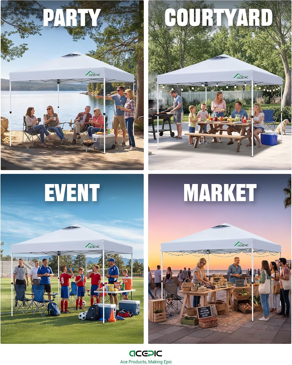 Acepic 10x10 Pop Up Canopy Tent, Easy Setup Portable Shelter, White, 10*10 | 1-Push Center Lock 10x10 Pop Up Canopy Tent with 3-Layer Reinforced Fabric, Vented UV Top & Wheeled Bag for Outdoor Party - Image 10
