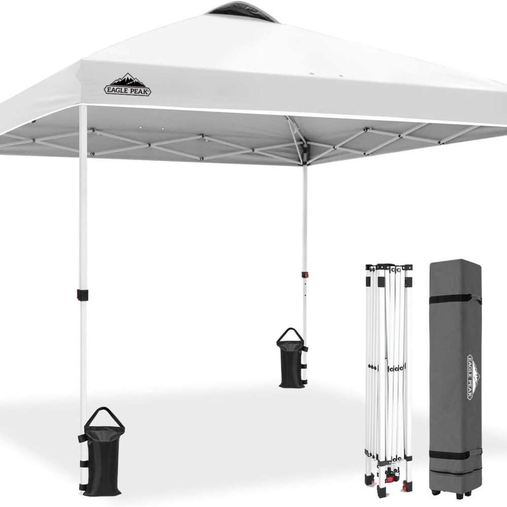 EAGLE PEAK 10x10 Pop Up Canopy Tent Easy Up Canopy Outdoor, White | Patented PeakPush™ Center Lock, 1 Person Setup Portable Pop Up Tent, Beach, Markets, Camping Sport Events, Wheeled Carry Bag