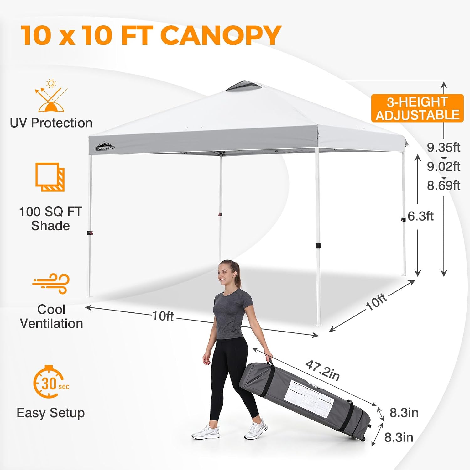 EAGLE PEAK 10x10 Pop Up Canopy Tent Easy Up Canopy Outdoor, White | Patented PeakPush™ Center Lock, 1 Person Setup Portable Pop Up Tent, Beach, Markets, Camping Sport Events, Wheeled Carry Bag - Image 3