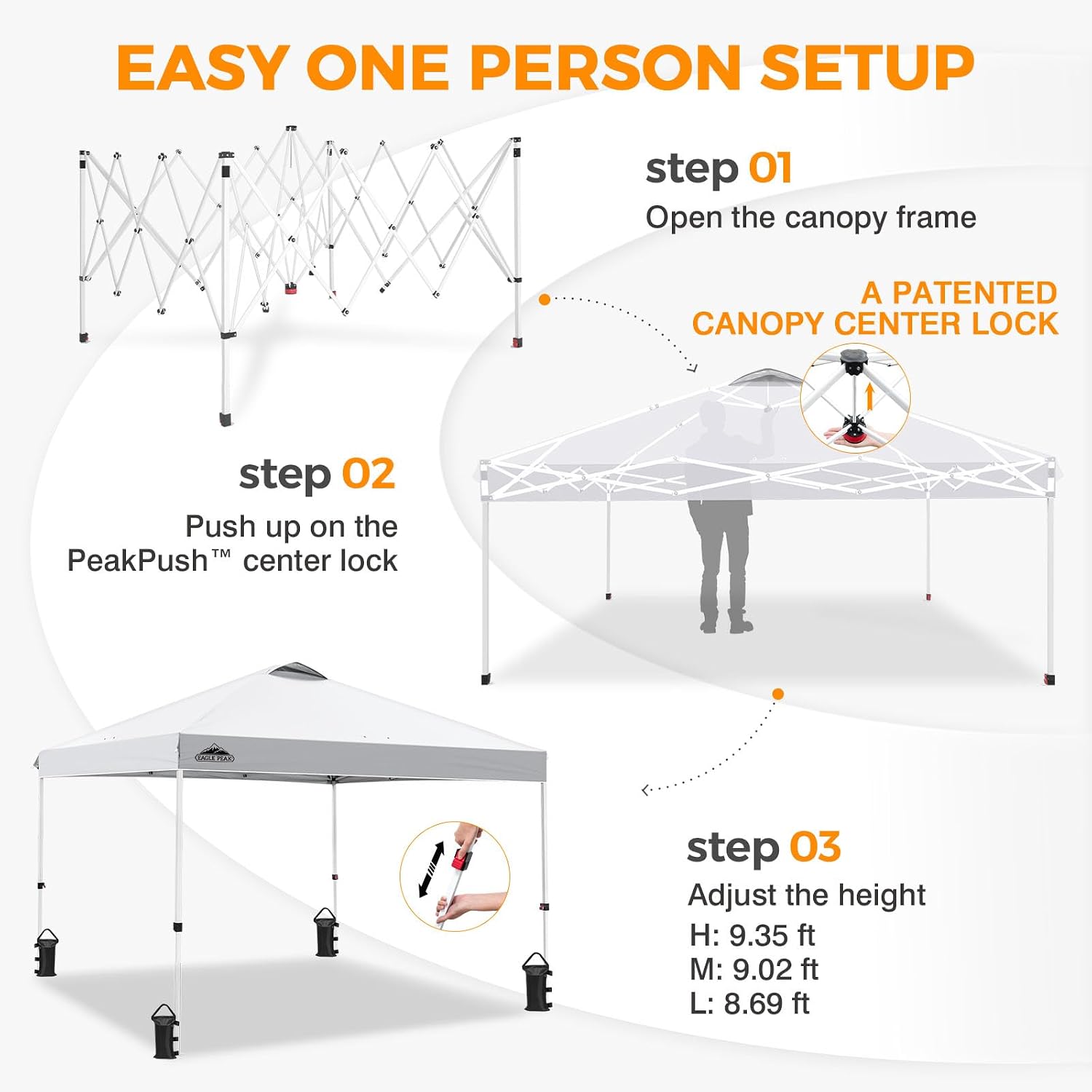 EAGLE PEAK 10x10 Pop Up Canopy Tent Easy Up Canopy Outdoor, White | Patented PeakPush™ Center Lock, 1 Person Setup Portable Pop Up Tent, Beach, Markets, Camping Sport Events, Wheeled Carry Bag - Image 6